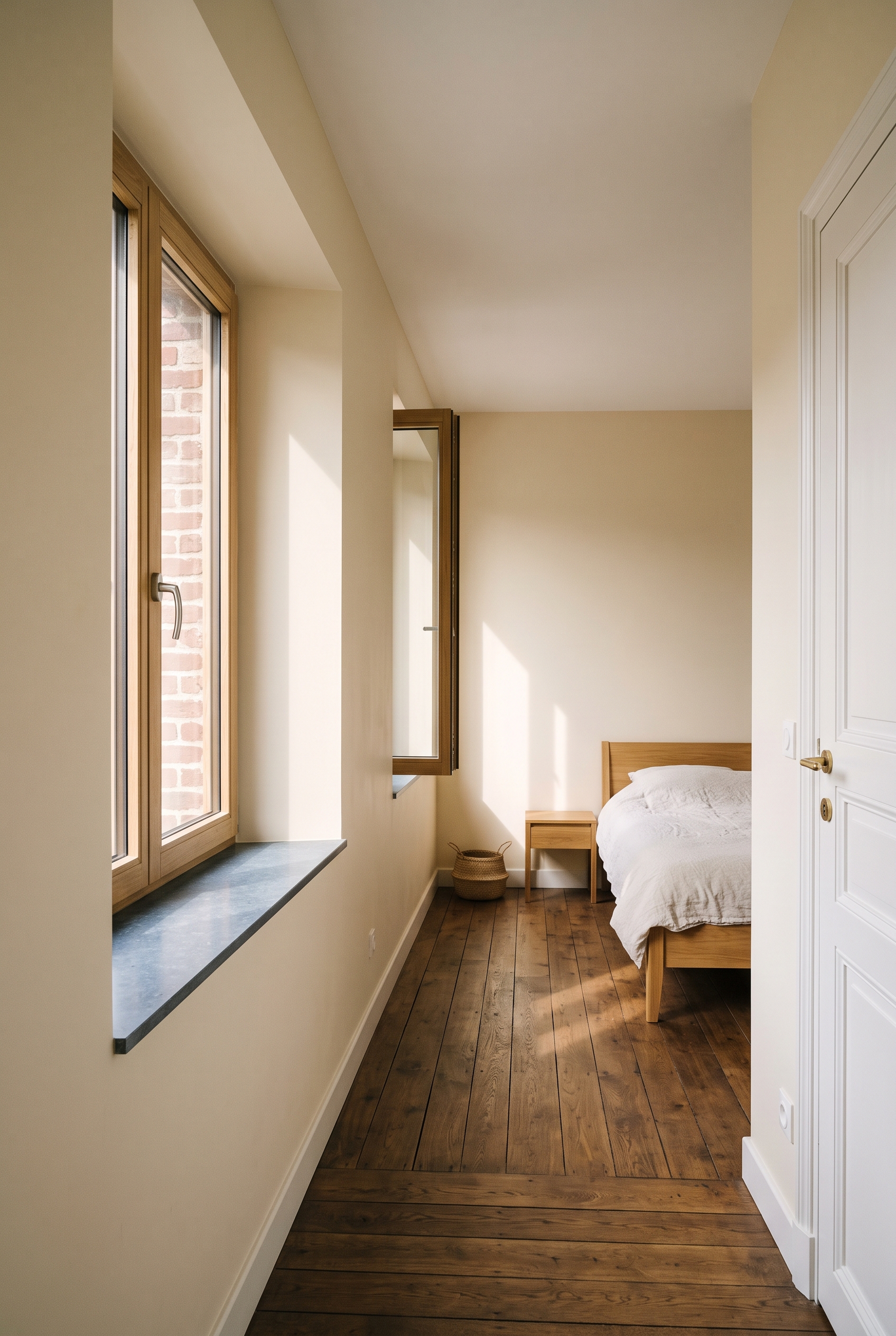 Chambre de maison ancienne rénovée traversée par la lumière du matin, qualité d'habitation que la domogenie observe au titre du Génie RÉGÉNÉRATIF