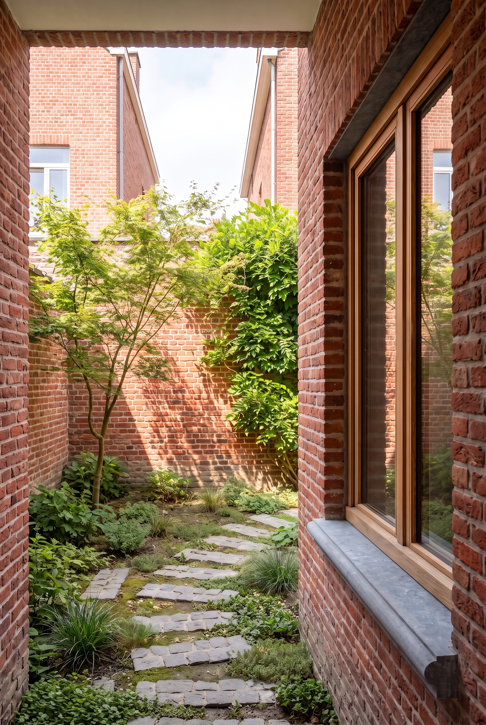 Cour arrière de maison de ville plantée et ombragée par un arbre, protection contre la surchauffe estivale que la domogenie observe au titre du Génie RÉGÉNÉRATIF