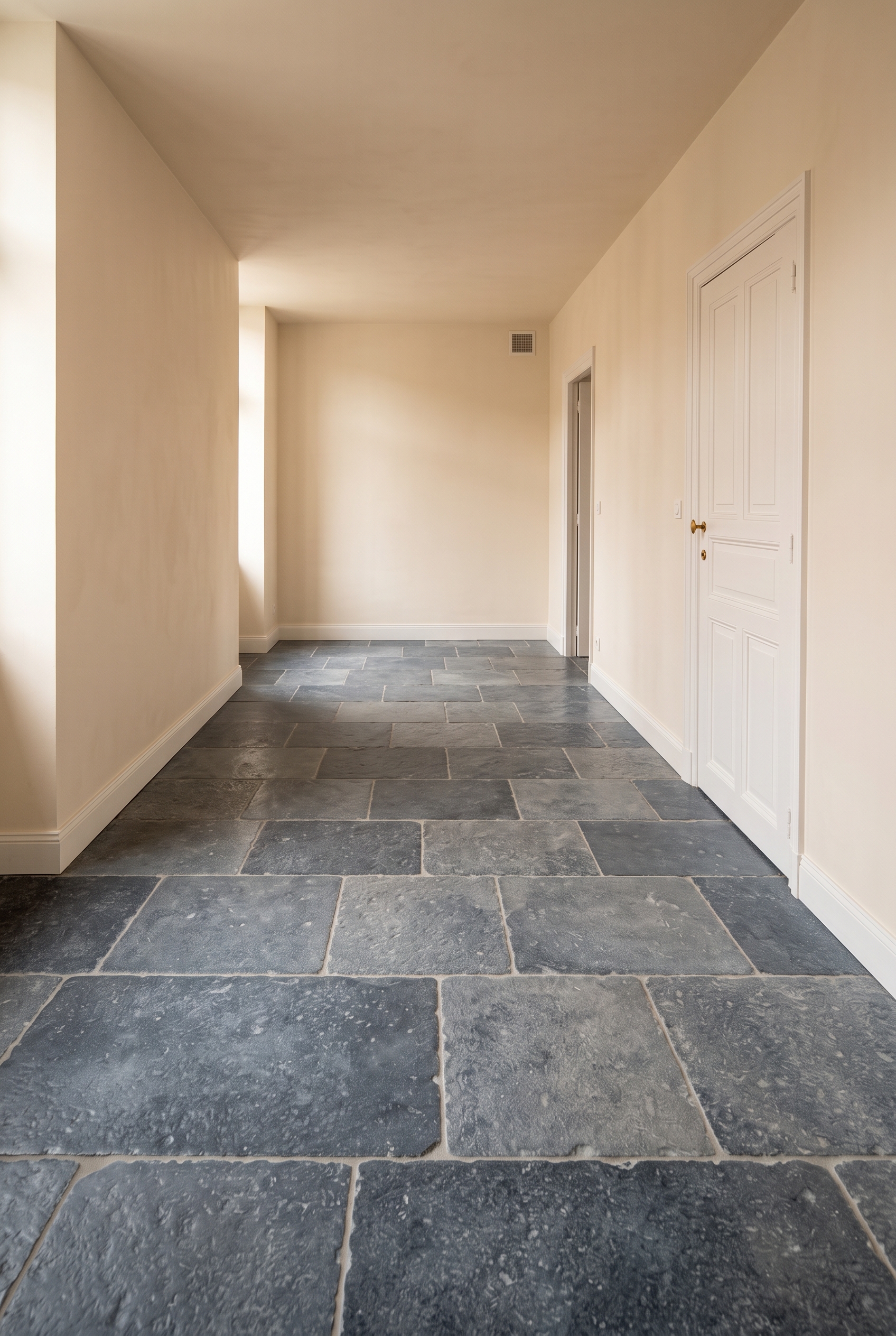 Dallage ancien en pierre bleue tambourinée conservé dans une maison rénovée, réemploi de la matière existante que la domogenie observe au titre du Génie RÉGÉNÉRATIF