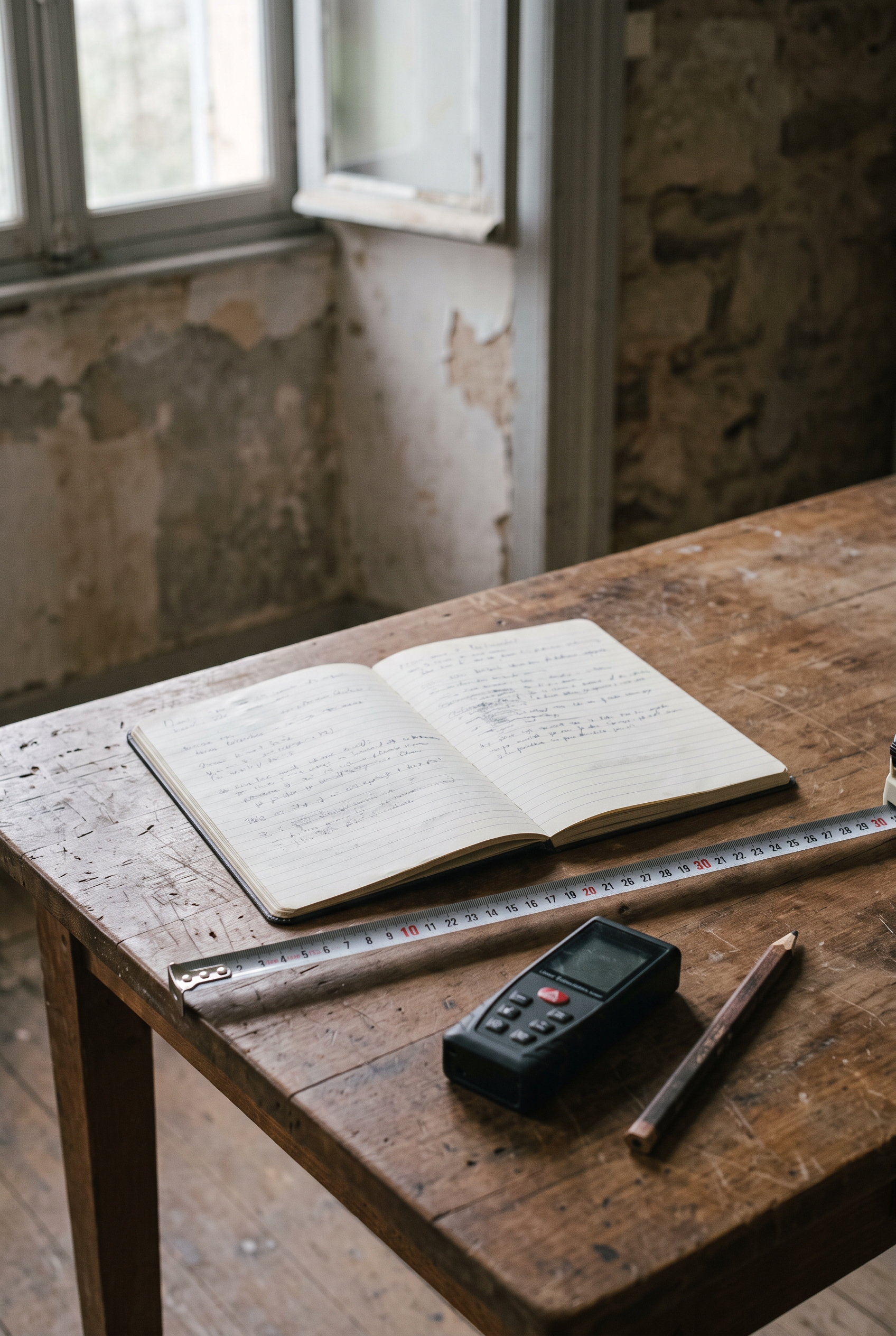 Carnet de relevé et instruments de mesure posés dans une piece ancienne, observation domogenique sur site