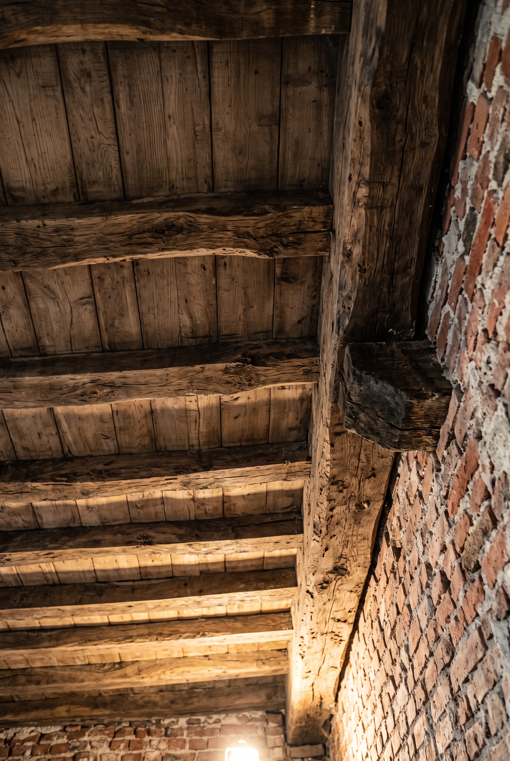 Solivage ancien apparent et son appui dans un mur de brique, point d'observation de la domogenie