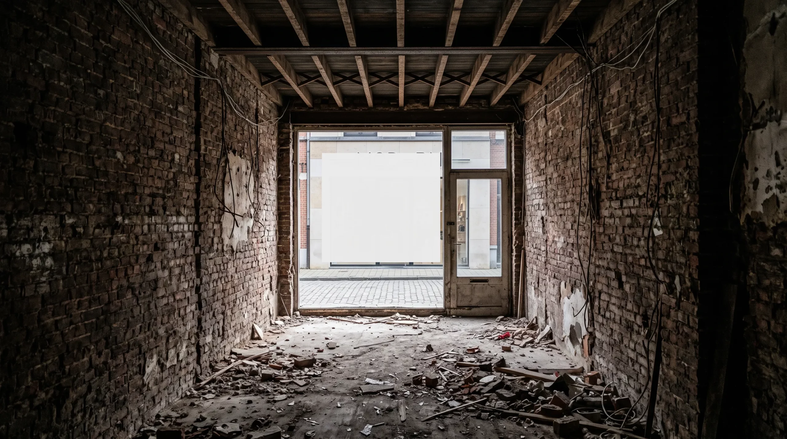 Local commercial étroit entièrement vidé dans un immeuble de rangée en brique, sol couvert de gravats, seule lumière venant de la vitrine sur rue